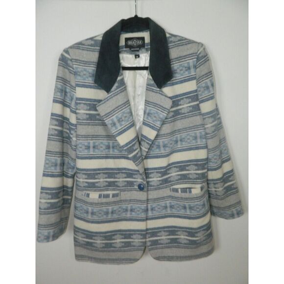 Braetan Jacket Blazer Size Medium Blue  Vintage Aztec Print Western Suede Collar - Picture 9 of 10